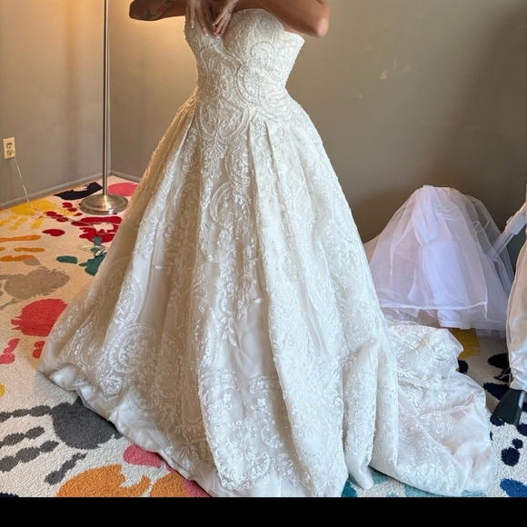 Oleg Cassini Ivory Strapless Beaded Ball Gown Wedding Dress